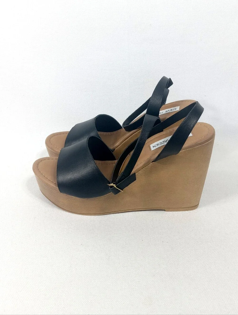 STEVE MADDEN Black Wedge Platform Sandals with Ankle Strap Women's Size 8.5